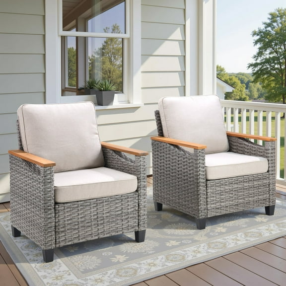Lumiinofami Patio Rattan Chairs Set of 2, Outdoor Wicker Armchairs with Wooden Armrests for Porch Garden Deck, Beige Cushions