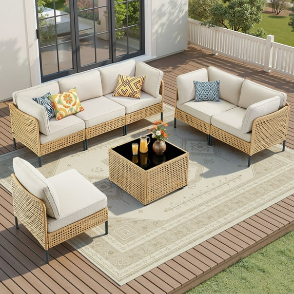 Lumiinofami Patio Sectional Furniture Sets 7-Piece Boho Outdoor Wicker Conversation Furniture Set with Coffee Table and Thick Cushions, Beige