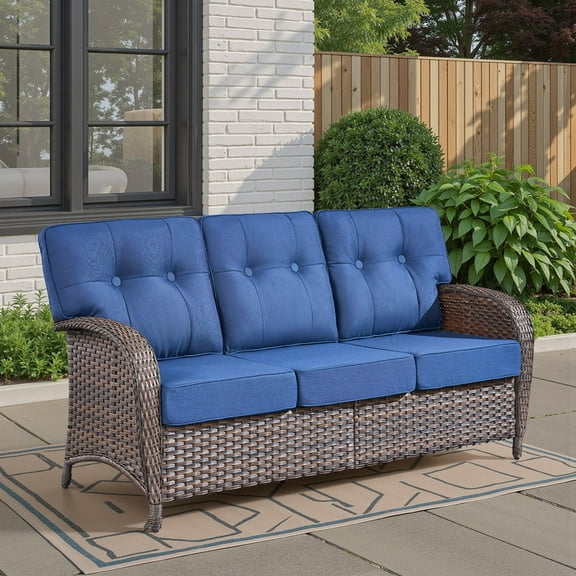 Lumiinofami Patio Wicker 3-Seat Sofa, Outdoor Rattan Sofa Couch Furniture Deep Seat with 5" Thick Cushions for Porch Garden Poolside, Blue