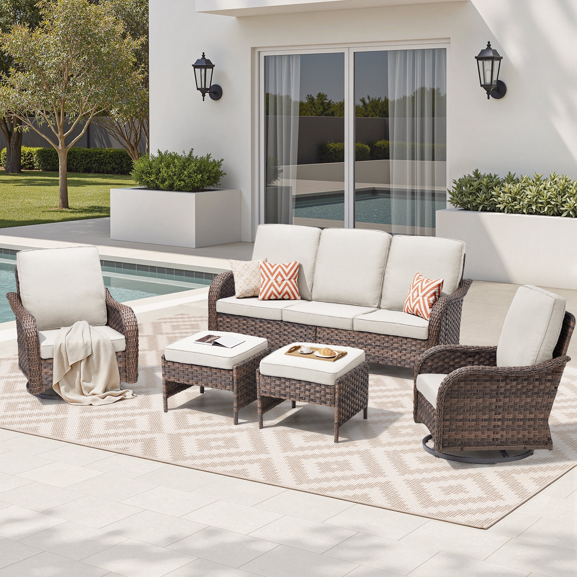 Lumiinofami Patio Wicker Furniture Set of 5, Outdoor Swivel Rocking Chairs and Ottomans Set with Beige Cushions for Porch Garden Balcony