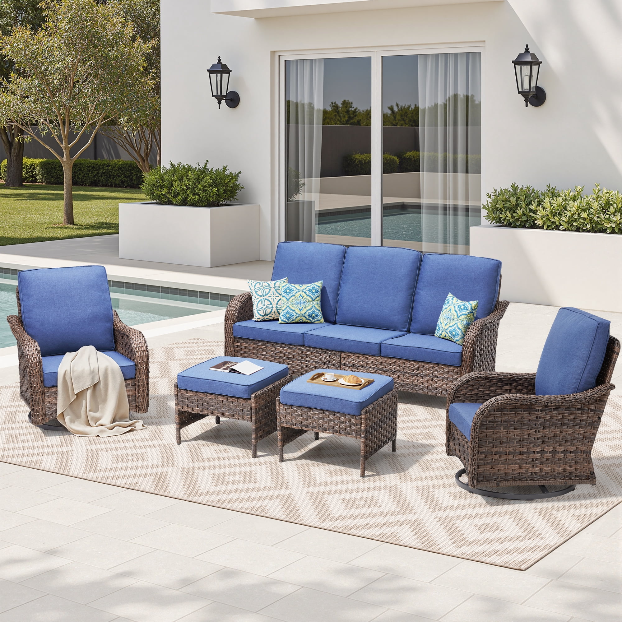 Lumiinofami Patio Wicker Furniture Set of 5, Outdoor Swivel Rocking Chairs and Ottomans Set with Blue Cushions for Porch Garden Balcony