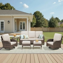 Lumiinofami Patio Wicker Furniture Set of 6, Outdoor Swivel Rocking Chairs, Ottomans and Side Table Set with Beige Cushions for Porch Garden Balcony