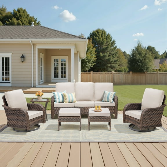 Lumiinofami Patio Wicker Furniture Set of 6, Outdoor Swivel Rocking Chairs, Ottomans and Side Table Set with Beige Cushions for Porch Garden Balcony
