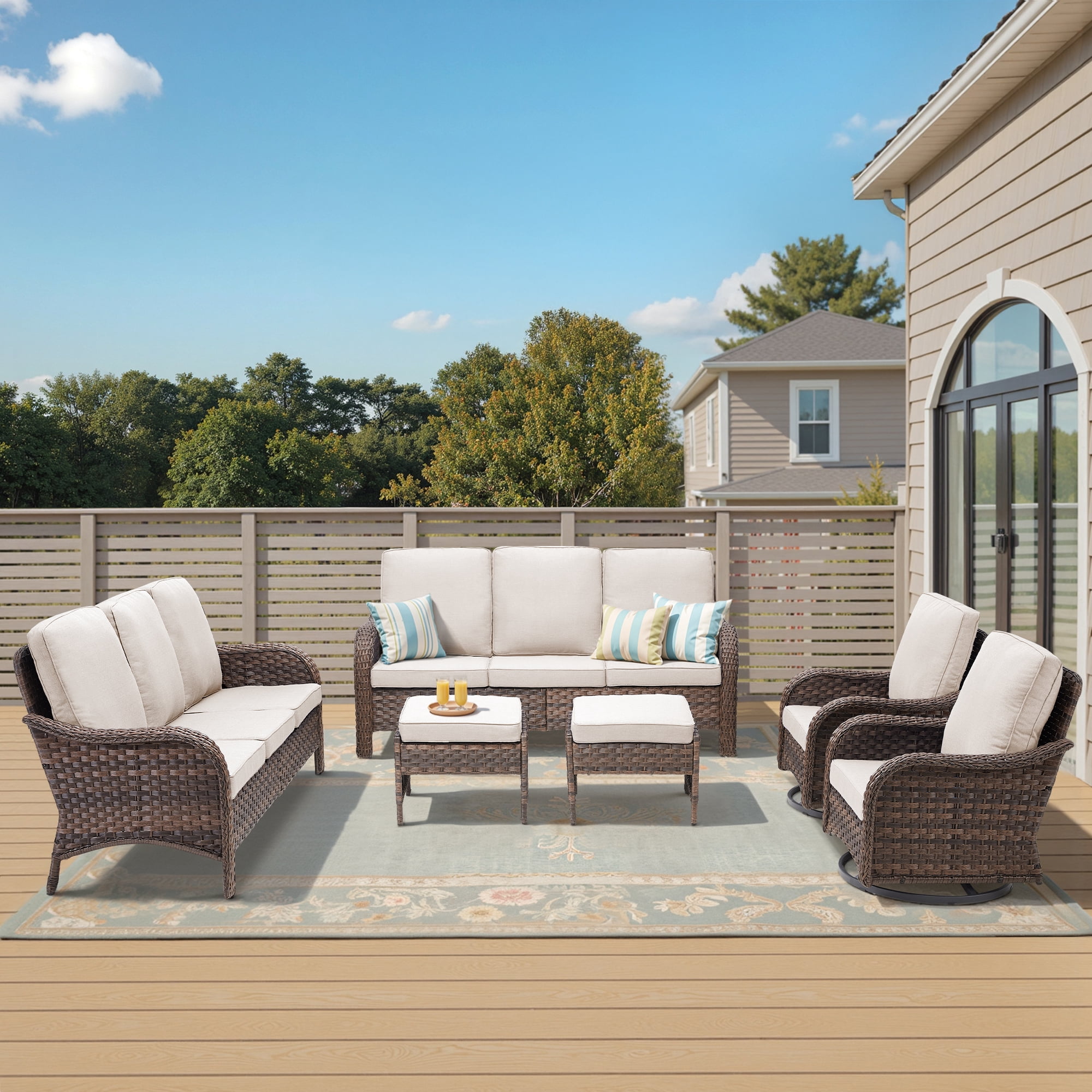 Lumiinofami Patio Wicker Furniture Set of 6, Outdoor Swivel Rocking Chairs and Ottomans Set with Beige Cushions for Porch Garden Balcony