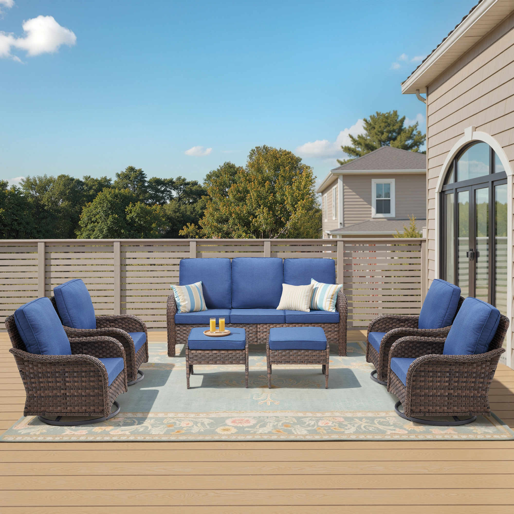 Lumiinofami Patio Wicker Furniture Set of 7, Outdoor Swivel Rocking Chairs and Ottomans Set with Blue Cushions for Porch Garden Balcony