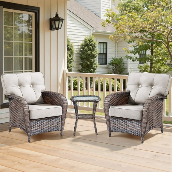 Lumiinofami Patio Wicker Furniture Sets, 3PCS Outdoor Rattan Chairs Set with Side Table and 5" Thick Beige Cushions for Backyard Garden Porch