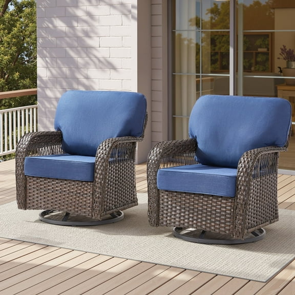 Lumiinofami Outdoor Patio Wicker Swivel Rocking Chairs Set of 2 with Upgraded 5" Blue Cushions