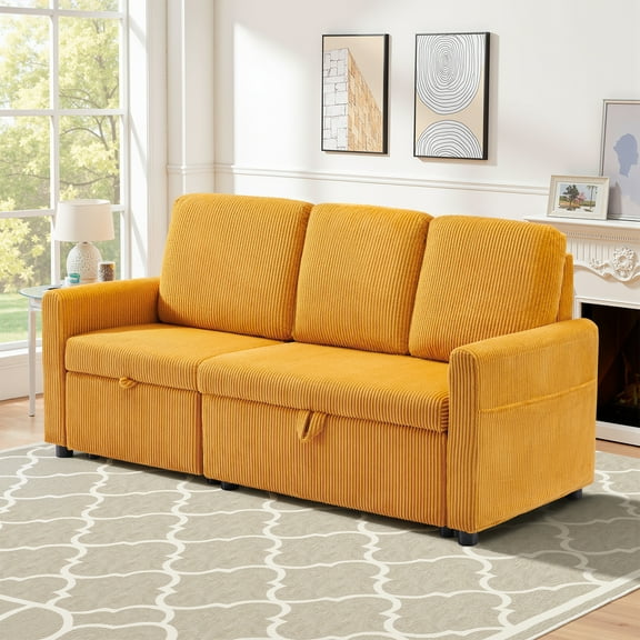 Lumiinofami Sectional Sleeper Sofa Bed, Corduroy Upholstered Sofa Couch with Storage for Living Room, Yellow
