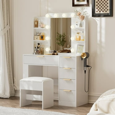Lumiinofami White Vanity Desk with Mirror & Lights, Vanity Table Makeup Desk and Cushioned Stool Set with Charging Station and Storage Drawers and Shelves for Women Girls Bedroom