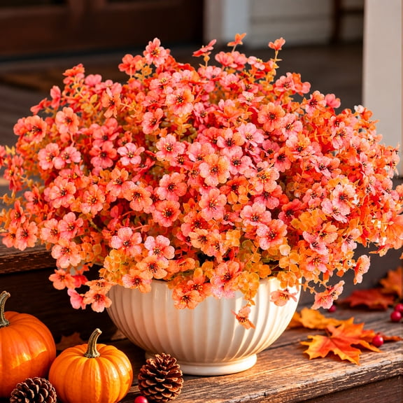 Lumikrypt 12 Bundles Artificial Fall Flowers, Autumn Faux Mums for Outdoor, UV Resistant & Fade Resistant, Fake Daisy with Eucalyptus Leaves for Garden Porch Decor, Silk Faux, Orange