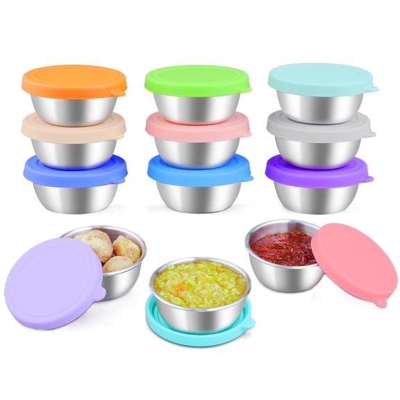 Lumikrypt 12 Pack Small Salad Dressing Containers To Go, 1.6 oz Leak-Proof Stainless Steel Condiment Cups with Silicone Lids, Dishwasher Safe Metal Snack Containers for Meal Prep