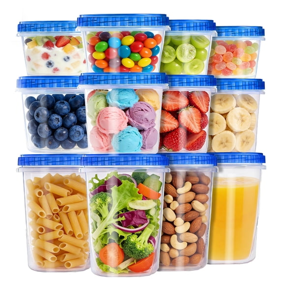 Lumikrypt 12Pcs 34/24/17oz Plastic Food Storage Containers with Twist Top Lid, Food Freezer Storage Containers, Reusable Soup Containers, Thickened Food Containers for Lunch, Salad, Soup, Oats