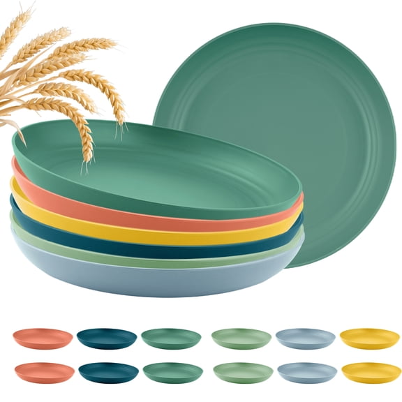 Lumikrypt 12Pcs 10 inch Unbreakable Wheat Straw Plates, Reusable Plastic Dinner Plates Set, Microwave and Dishwasher Safe Plate for Kitchen, 6 Colors
