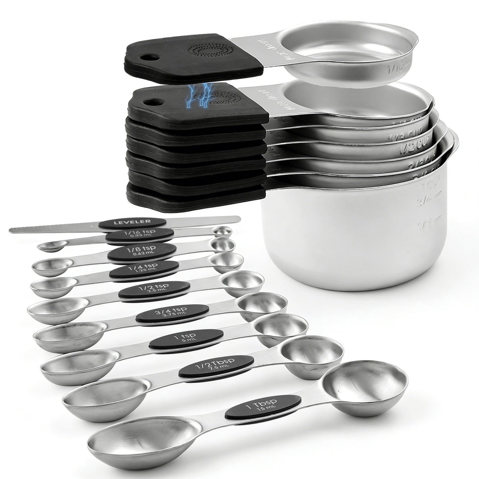 Lumikrypt 16 Piece Magnetic Measuring Cups and Spoons Set, Stainless Steel Nesting Metal Measuring Cups Set with Leveler for Dry and Liquid Ingredients, Kitchen Gadgets for Cooking & Baking (Black)