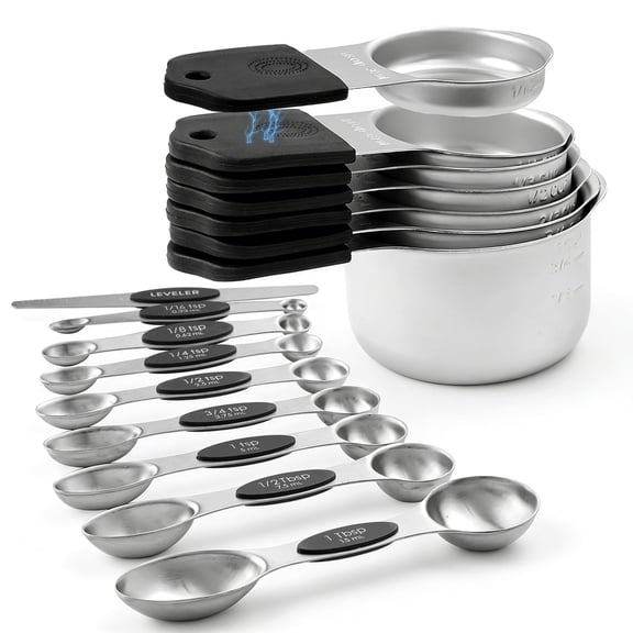 Lumikrypt 16 Piece Magnetic Measuring Cups and Spoons Set, Stainless Steel Nesting Metal Measuring Cups Set with Leveler for Dry and Liquid Ingredients, Kitchen Gadgets for Cooking & Baking (Black)