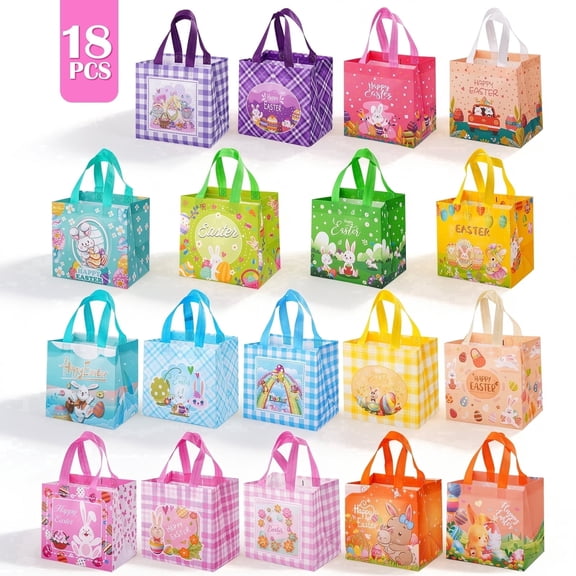 Lumikrypt 18 Pack Easter Bags with Handles, Large Easter Bags Reusable Non-Woven, Bunny Egg Gift Tote Bags with Handles for Easter Party Egg Hunts