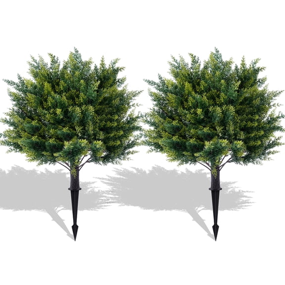 Lumikrypt 2 Pack 23.6Inch Artificial Cypress Topiary Tree with Ground Spike, Faux Cedar Bushes, Artificial Evergreen Tree for Porch, Indoor & Outdoor, UV Resistant