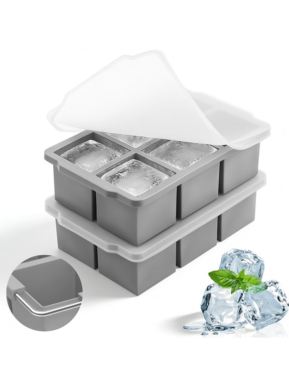 2 Pack Ice Cube Tray with Lid , Silicone Ice Tray Molds with Iron Base for Freezer, BPA Free, Big Square Ice Cube for Whiskey, Cocktails, Juices