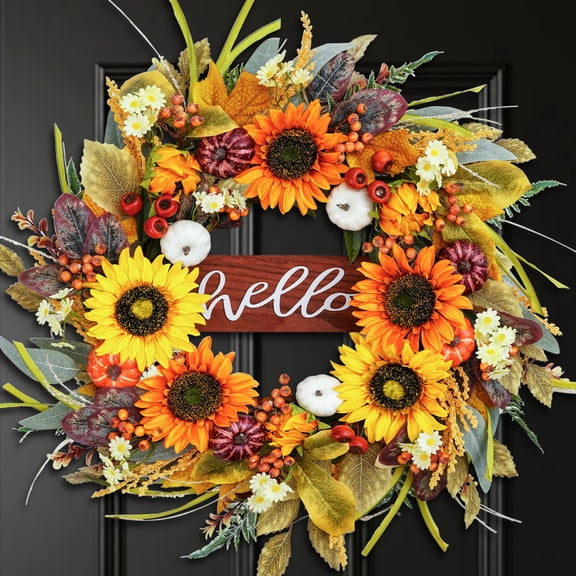 Lumikrypt 24 Inch Fall Wreath for Front Door, Artificial Autumn Wreath with Sunflowers,Pumpkins & “Hello” Sign, Berries, Silk Harvest Wreath for Indoor & Outdoor, Thanksgiving Decoration