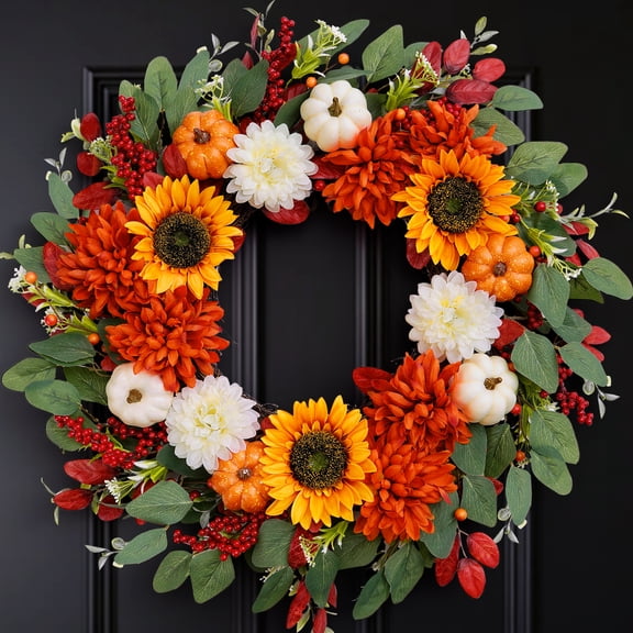 Lumikrypt 24 Inch Fall Wreath for Front Door, Artificial Autumn Wreath wit Sunflowers,Pumpkins, Berries, Eucalyptus Leaves, Silk Harvest Wreath for Indoor & Outdoor, Thanksgiving Decoration