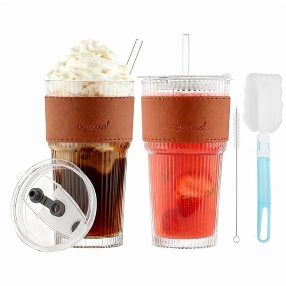 Lumikrypt 2Pcs 20Oz Ribbed Glass Tumblers with Straw Lids Glass Beverage Cup Set with Heat-Resistant Sleeves,Premium Coffee Cups, Ideal for Tea, Iced Coffee, Perfect Gift for Home or Office