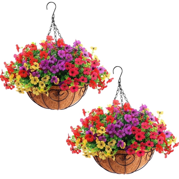 Lumikrypt 2 Pack Outdoor Artificial Flower Hanging Basket, 24 Bunches of Faux Flowers with 2 Hanging Planters, Fake Silk UV Resistant for Porch Home Patio Balcony Yard