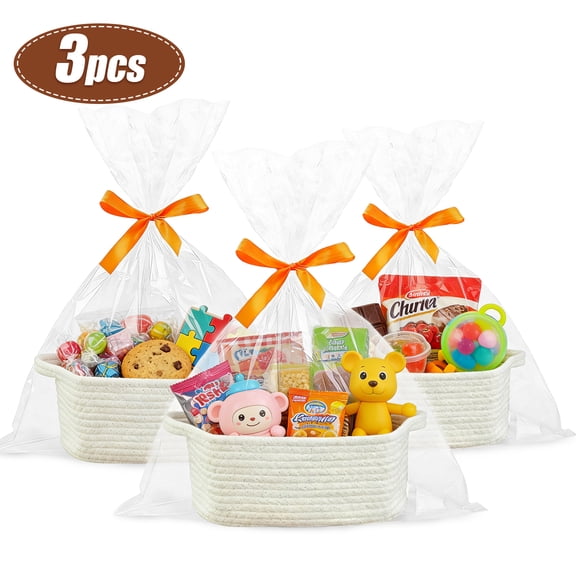 Lumikrypt 3 Pack Woven Basket with Gift Bags and Ribbons, 12" x 8" x 5" Empty Gift Basket with Handles, Small Rope Basket for Storage, White