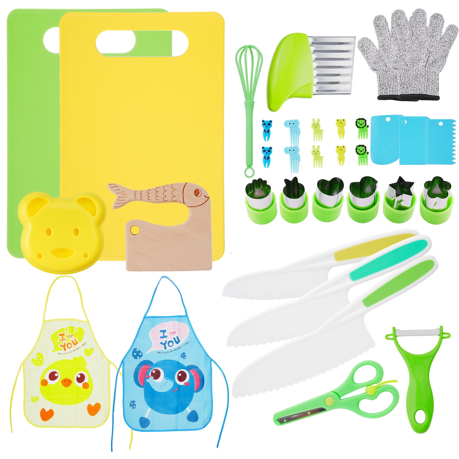 Lumikrypt 34Pcs Kids Knife Set for Real Cooking, Kids Kitchen Knife Set with Cutting Board Crinkle Cutters Apron Gloves Kid Safe Knives, Toddlers Kitchen Tools for Age 3-10 Year Old Girl Boy