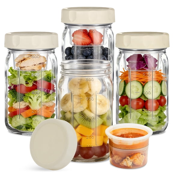 Lumikrypt 4 Pack Glass Salad Jars with Lids Meal Prep, 32oz Mason Jars, Two Small Built-in Boxes with Wet/Dry Separation for Salad Dressing and Dry Ingredients,Leakproof Lunch Container