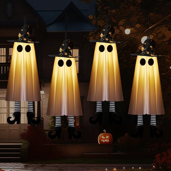 Lumikrypt 4 Pack Halloween Hanging Ghosts with Lights and Witch Hats, Lighted Outdoor Ghost Decor for Yard, Patio, Garden, Tree