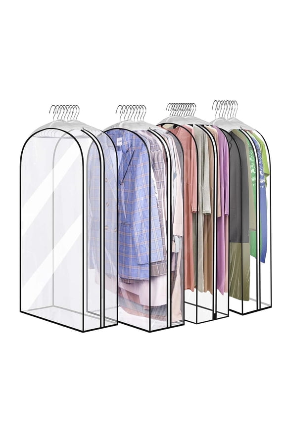 4Pack 60" Garment Bags for Hanging Clothes, 10" Gusseted Clear Suit Bags for Closet Storage with Zipper, Hanging Clothes Storage for Shirts, Coats, Dresses