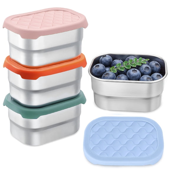Lumikrypt 4 Pack Stainless Steel Snack Containers (8oz), Leak-Proof Metal Food Containers with Silicone Lids for Kids & Adults, Dishwasher Safe