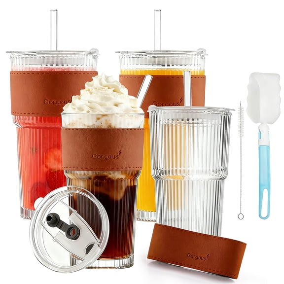 Lumikrypt 4Pcs 20Oz Ribbed Glass Tumblers with Straw Lids Glass Beverage Cup Set with Heat-Resistant Sleeves,Premium Coffee Cups, Ideal for Tea, Iced Coffee, Perfect Gift for Home or Office