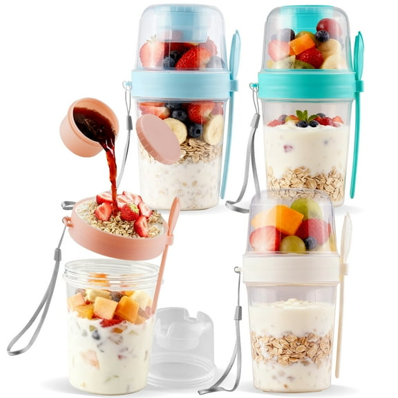 Lumikrypt 4Pcs 27Oz Yogurt Parfait Cups with Lids & Spoons, Overnight Oats Container, Double-Layer Leak-Proof Pudding Cups, Snack Cups, Portable Breakfast Set for Yogurt, Cereal, or Oatmeal