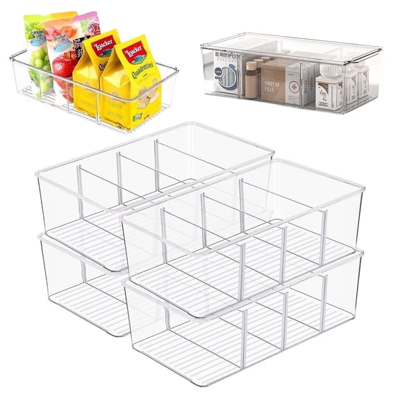 Lumikrypt 4Pack Food Storage Organizer Bins, Pantry Organization and Storage Bins with Dividers & Lids, 4 Compartment for Snacks,Spices,Chips for Kitchen, Fridge, Cabinet