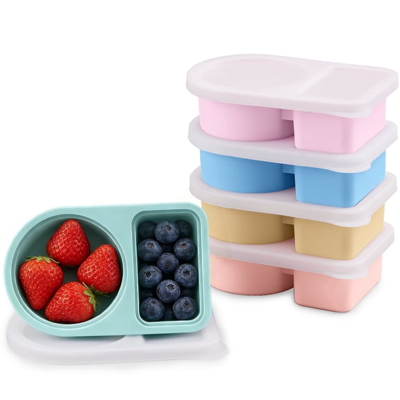 Lumikrypt 5 Pack Silicone Snack Containers with Lids, 2-Compartment Reusable Snackle Box, 8oz, Leak-Proof Small Food Storage for School, Travel & Diaper Bag,  BPA-Free