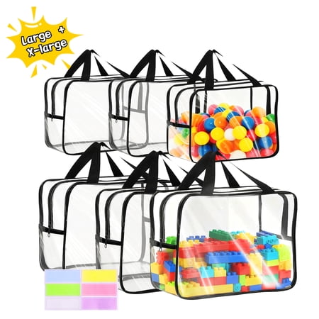 Lumikrypt 6 Pack Clear Toy Storage Bags, Large Toy Organizer with Zipper, Waterproof Reusable Toy Bags with Labels, Dust-Proof Toy Organizer Pouch for Building Blocks, Puzzles, Small Toys