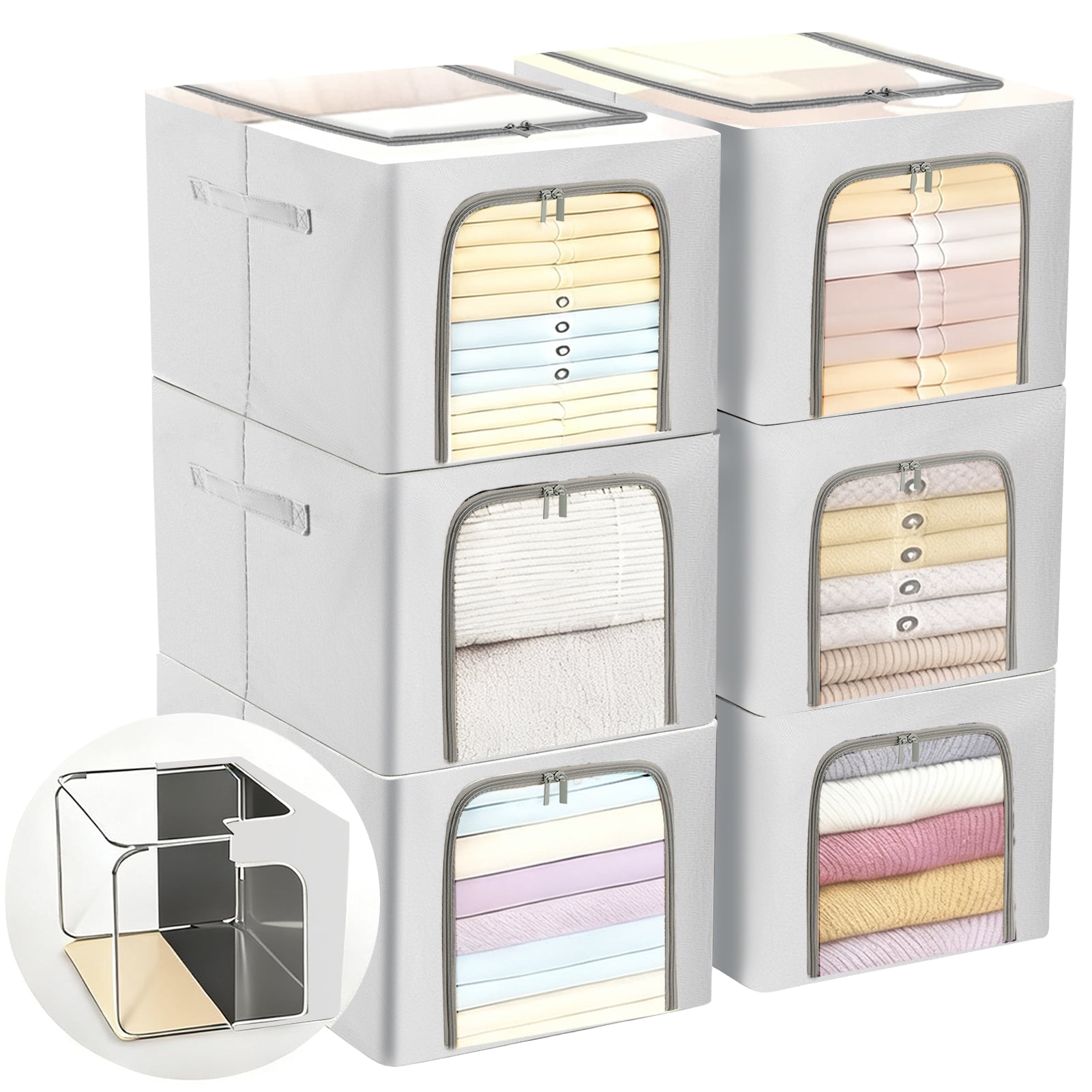 Lumikrypt 6 Pack Clothes Storage Bin with Metal Frame, 49L Large Fabric Stackable Closet Storage Bin with Lid & 2 Clear Window, Foldable Clost Organizers Containers for Clothing, Blanket, Sweater