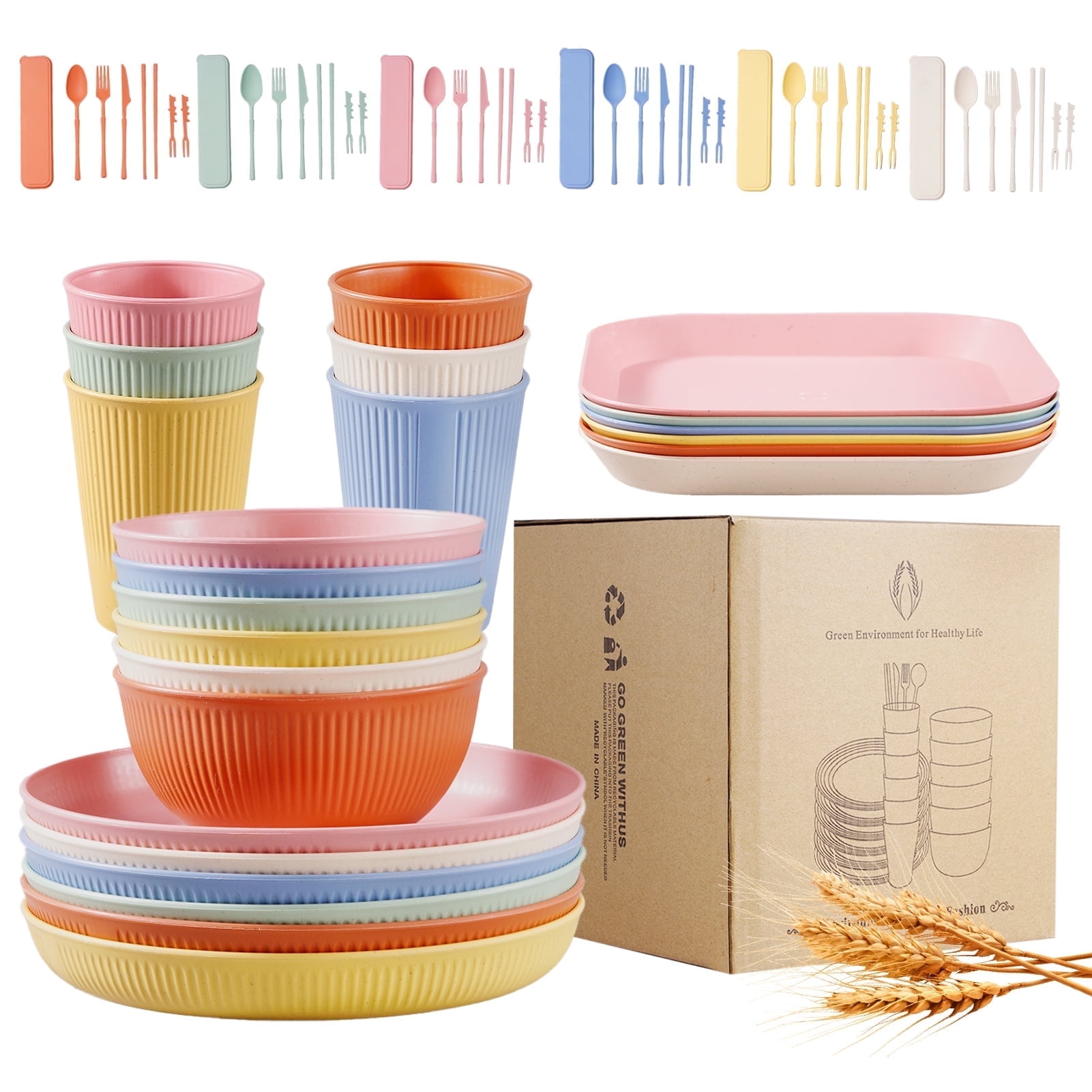 Lumikrypt 66PCS Wheat Straw Dinnerware Set for 6, Unbreakable Reusable Dinnerware, Microwave Dishwasher Safe
