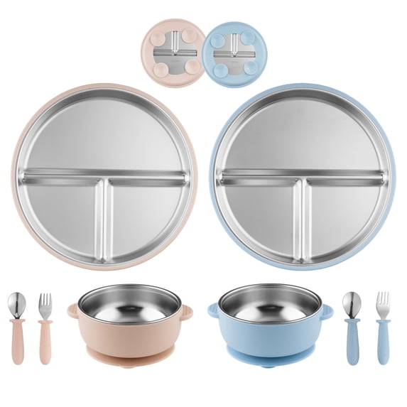 Lumikrypt 8Pcs Stainless Steel Baby Plate & Bowl Set with Suction, Baby Feeding Set with Fork and Spoon Utensils, Baby Led Weaning Tableware, BPA-Free(Pink & Blue)