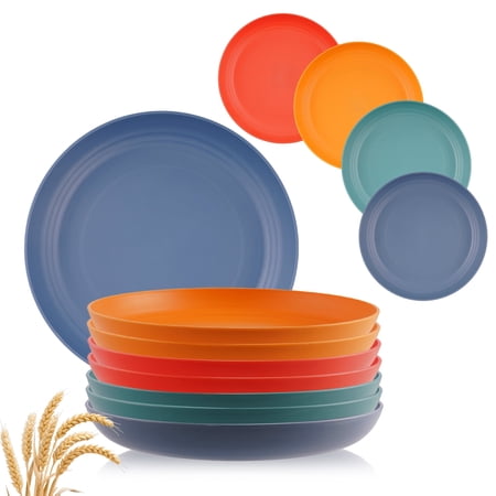 Lumikrypt 8Pcs 10 inch Unbreakable Wheat Straw Plates, Reusable Plastic Dinner Plates Set, Microwave and Dishwasher Safe Plate for Kitchen, 4 Colors