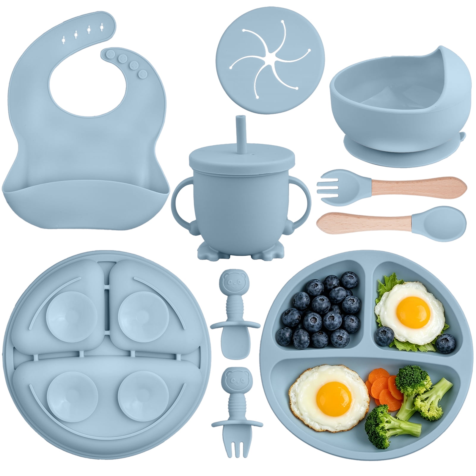 Lumikrypt 9 Pcs Silicone Baby Feeding Set, Baby Led Weaning Utensils, Baby Suction Bowl, Plates, Bib, Spoons Set, Sippy Cup with Straw, Baby Self Feeding Supplies Set(Grey blue)