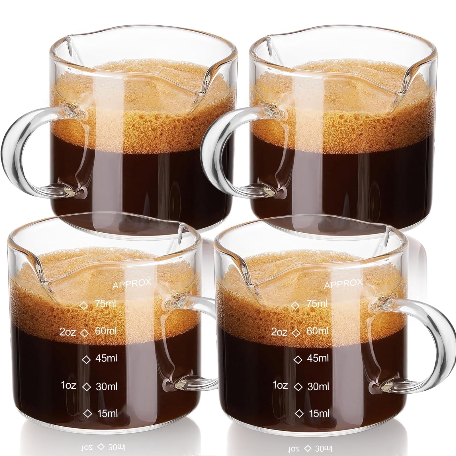 Lumikrypt Espresso Cup Set of 4 , 2.5Oz Double Spout Coffee Cups with Handles and Graduations, Clear Glass Milk Jug, Ideal for Brewing Coffee, Preparing Desserts, and Making Salad Dressings