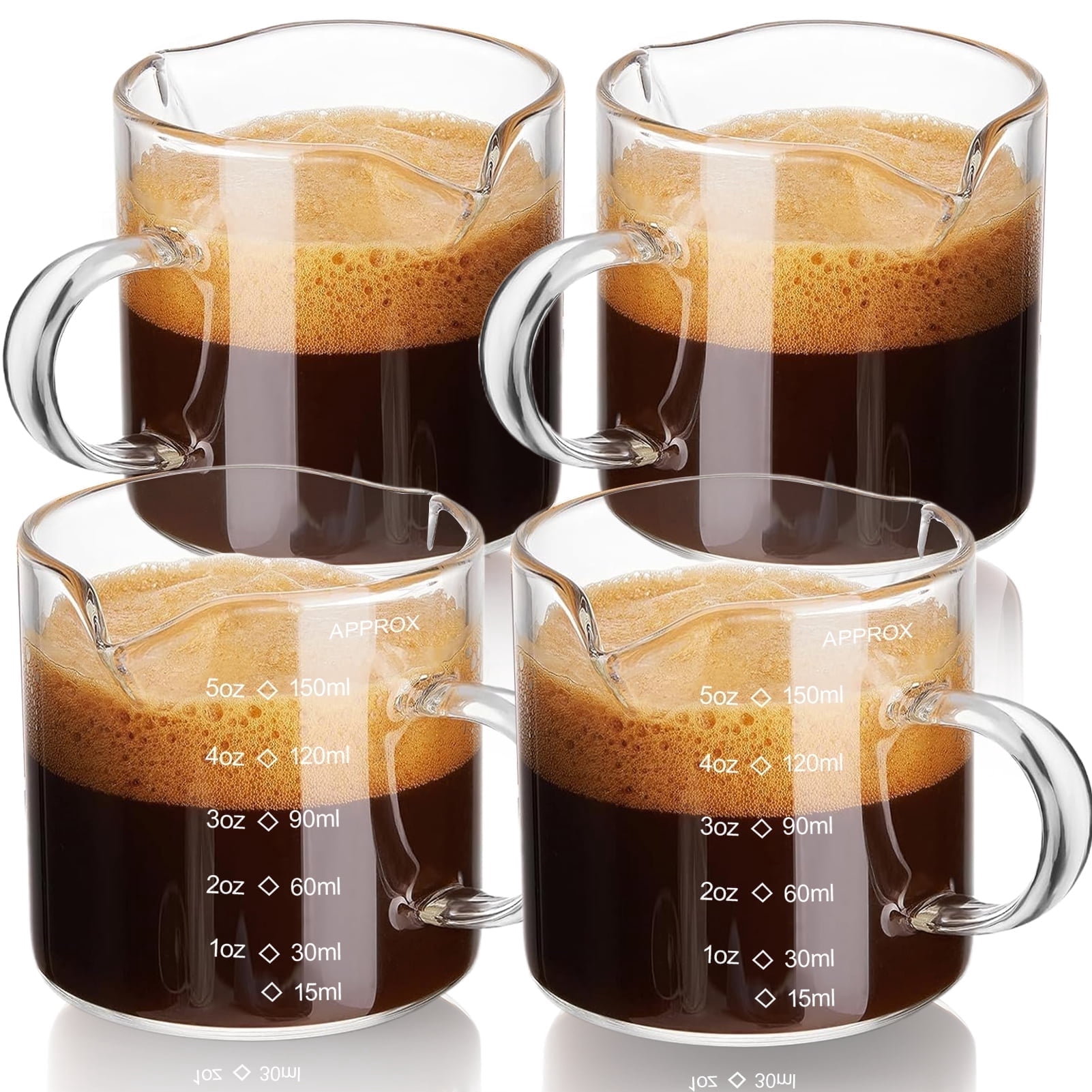 Lumikrypt Espresso Cup Set of 4 , 5Oz Double Spout Coffee Cups with Handles and Graduations, Clear Glass Milk Jug, Ideal for Brewing Coffee, Preparing Desserts, and Making Salad Dressings