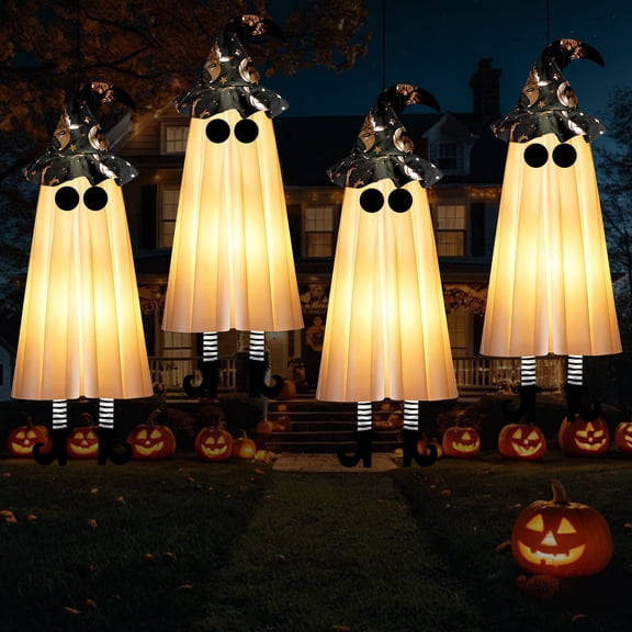Lumikrypt Halloween Decorations, 4pcs Hanging Ghost Decor with Light, Outdoor Hanging Ghosts with Witch Hat, Spooky Swinging Witch Hat Ghosts for Yard, Patio, Garden, Tree