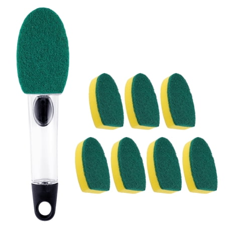 Lumikrypt Non-Scratch Dishwand Kit, 1 Dish Wand & 7 Sponge Refills, Dish Brush with Soap Control Dispenser, Dish Wand Refill with Hole, Reusable Sponges Kitchen Dish Scrubber for Pans, Dishes(Yellow)