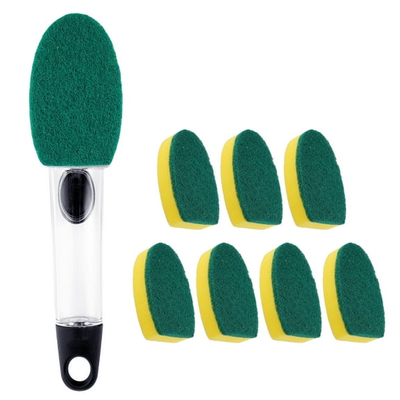 Lumikrypt Non-Scratch Dishwand Kit, 1 Dish Wand & 7 Sponge Refills, Dish Brush with Soap Control Dispenser, Dish Wand Refill with Hole, Reusable Sponges Kitchen Dish Scrubber for Pans, Dishes(Yellow)