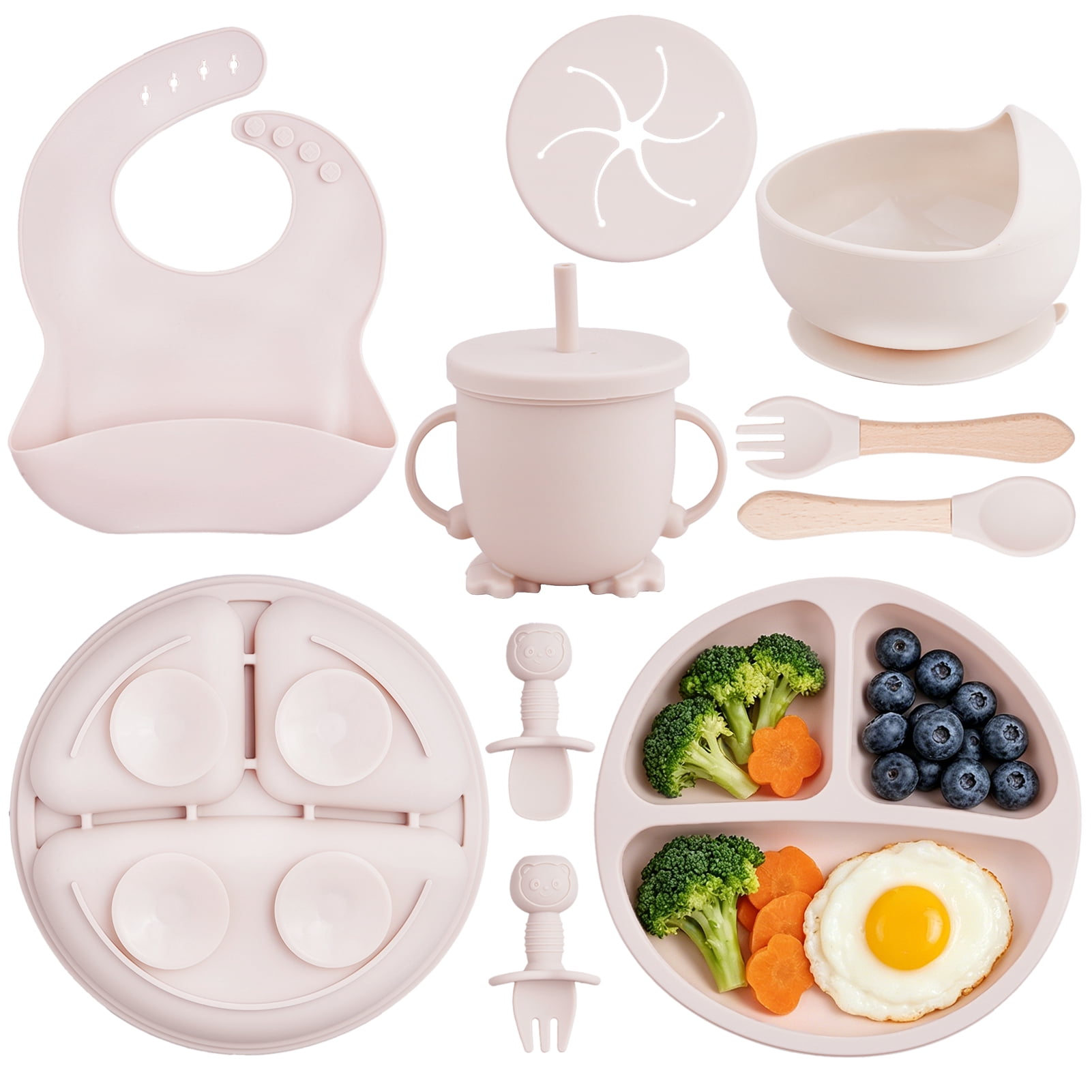 Lumikrypt Silicone Baby Feeding Set, 9 Pcs Baby Led Weaning Utensils, Baby Suction Bowl, Plates, Bib, Spoons Set, Sippy Cup with Straw, Baby Self Feeding Supplies Set (Beige)