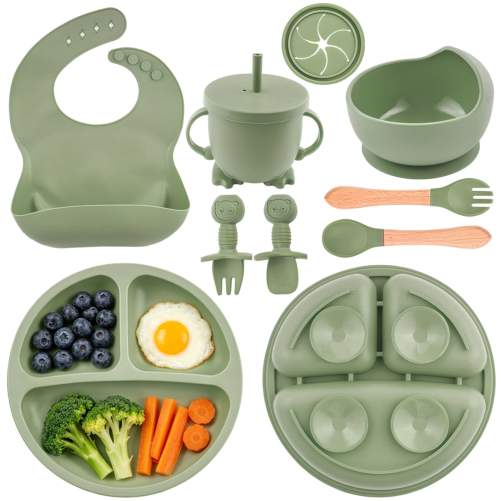 Lumikrypt Silicone Baby Feeding Set, 9 Pcs Baby Led Weaning Utensils, Baby Suction Bowl, Plates, Bib, Spoons Set, Sippy Cup with Straw, Baby Self Feeding Supplies Set