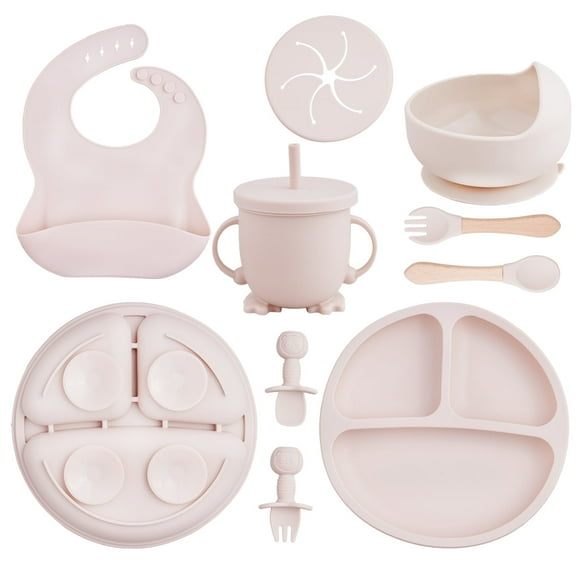 Lumikrypt Silicone Baby Feeding Set, 9 Pcs Baby Led Weaning Utensils, Baby Suction Bowl, Plates, Bib, Spoons Set, Sippy Cup with Straw, Baby Self Feeding Supplies Set (Beige)